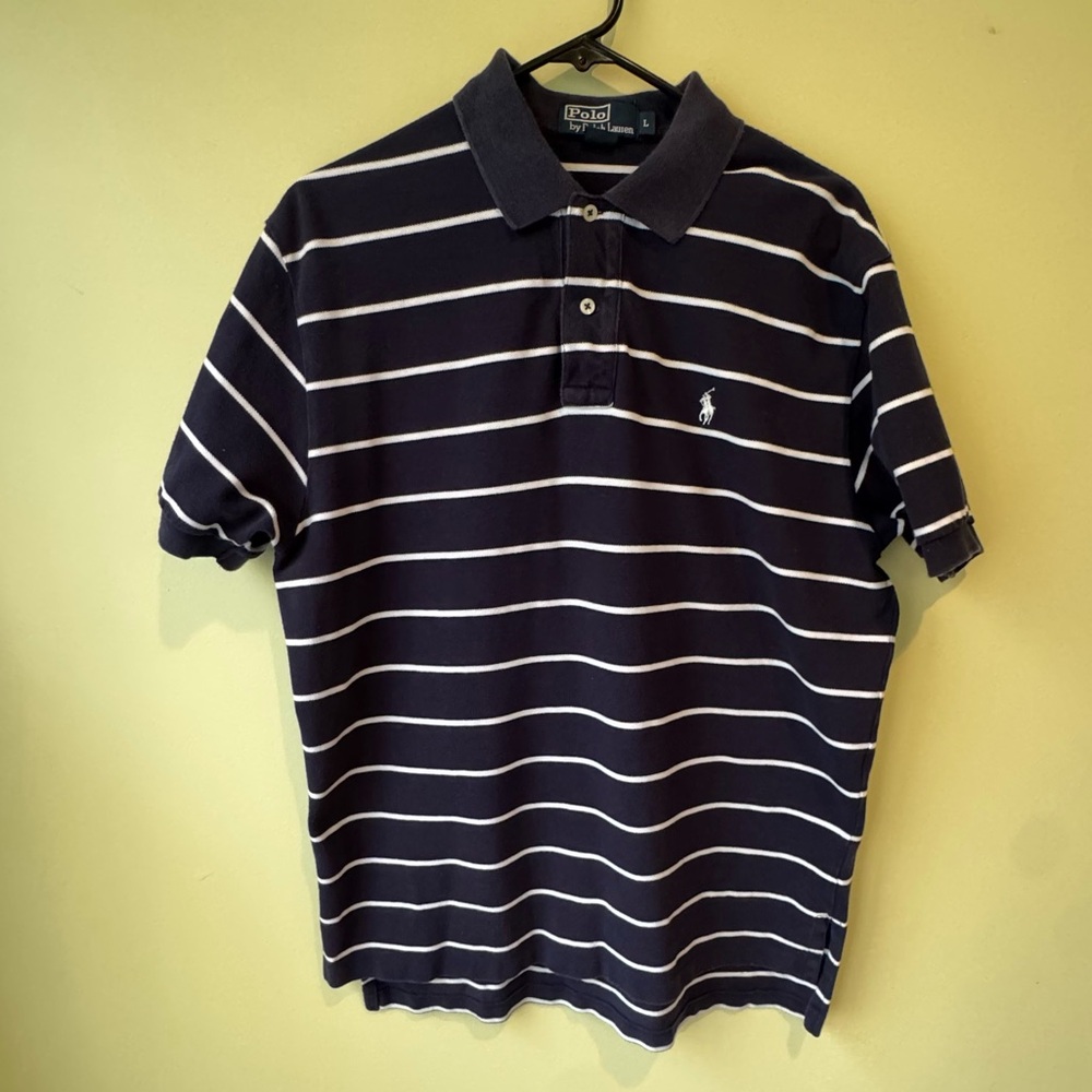 Polo Ralph Lauren Polo Shirt Blue Striped White Pony Cotton Mens Large Classic - Picture 3 of 9